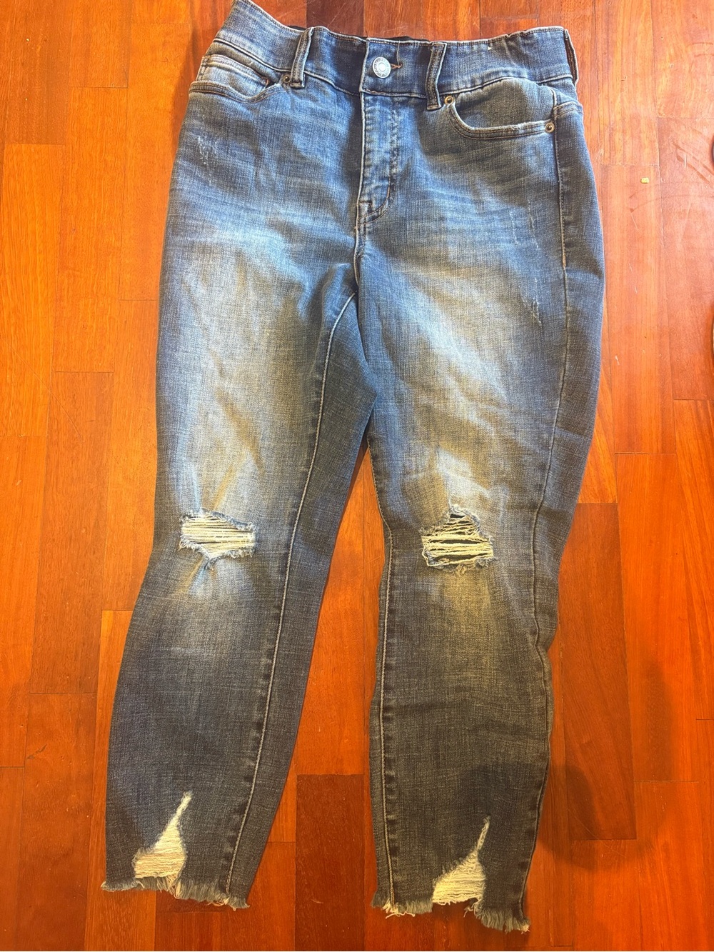 New York & Company Distressed Cropped Jeans - Blue Stretch Denim